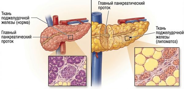 Нормальное состояние поджелудочной железы и липоматоз
