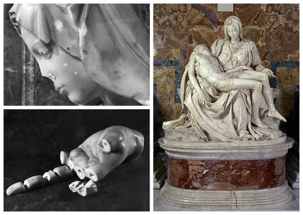 Пьета Микеланджело до и после вандализма: слева фото 1972 года, справа — 2013 года.